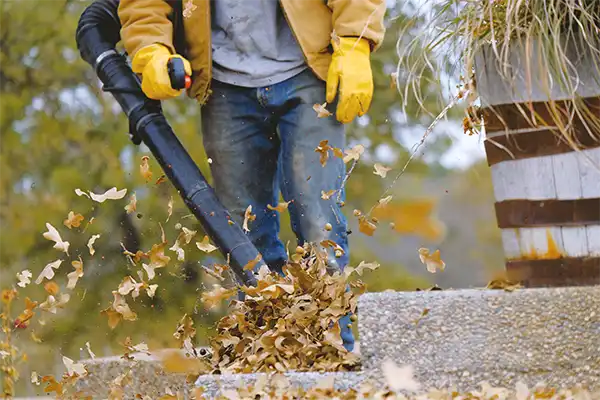man holding a leaf blower and blowing dead leaves off a concrete stairway